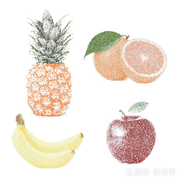 热带自然新鲜多彩点画水果分离向量p