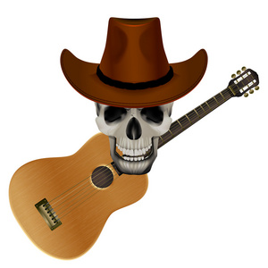 头骨的原声吉他背景上戴一顶牛仔帽