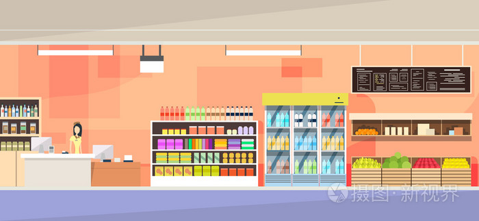 大商店内部,销售的女人站在收银台附近插画-正版商用图片0dwo3b-摄图