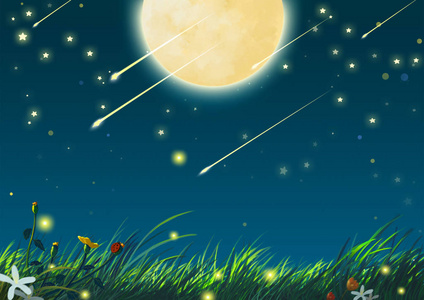 美丽的夜晚，大月亮与流星划过天空