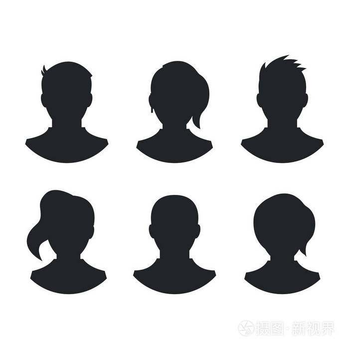 人剪影集.黑色的男人和女人的头部轮廓.头和肩膀.前视图.矢量图