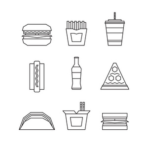 快餐食品线图标设置汉堡包 炸薯条 苏打水 比萨饼 热狗 炸玉米饼 三明治 面条。矢量图