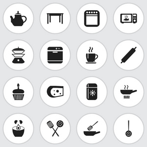 16 可编辑餐厅图标集。包括切达干酪 Multicooker 面团等符号。可用于 Web 移动 Ui 和数据图表设计