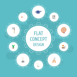 平面图标刀具 喷壶 整枝器和其他向量元素。园艺平面图标符号集还包括耙，植物，工具对象