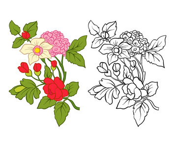 组的大纲和彩色复古鲜花花束或模式