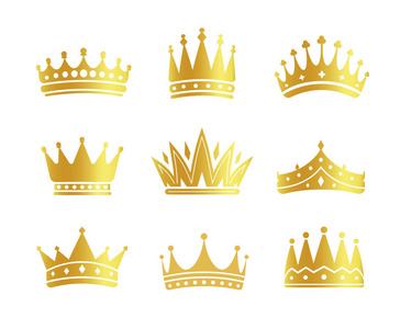 孤立的黄金色冠标志集合在白色背景上的，豪华皇家标志矢量插图集