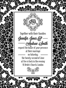 婚礼邀请在黑色和白色的锦缎模式设计。模式是列为无缝色板更容易使用和编辑。锦皇家框架和精致的会标