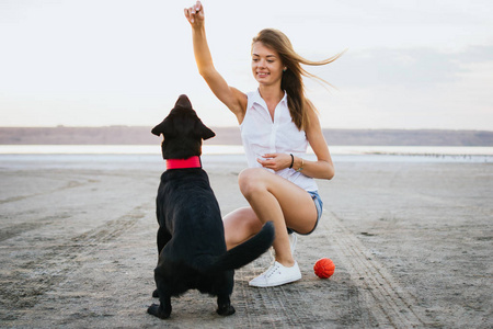 年轻女性训练拉布拉多狗在日落海滩上