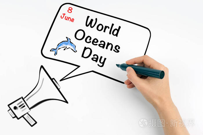 8 日世界海洋日。扩音器和白色背景上的文字