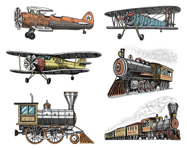 客运火车和飞机玉米芯或飞机航空旅行的插图集。刻的手绘在旧的素描样式，老式的运输