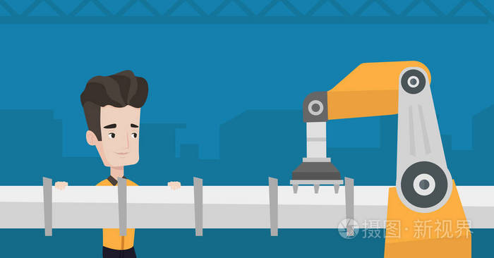 炼油厂工人和机械臂修复管道