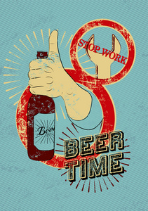 排版的复古摇滚啤酒海报。手捧一瓶啤酒。矢量图