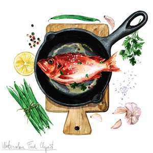 水彩食品剪贴画一个煎锅鱼