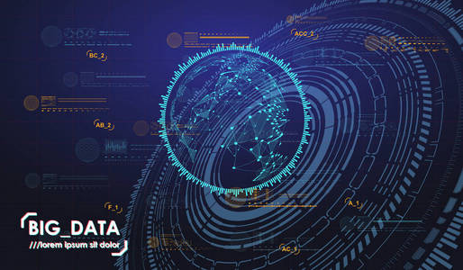 大数据抽象可视化。未来派的美学设计。大数据背景与 Hud 元素