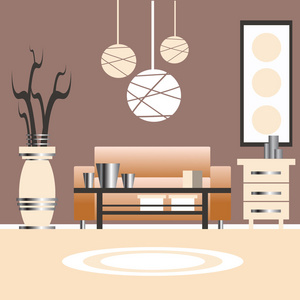 用矢量制作的客厅室内设计插图。