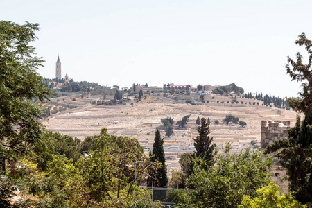 耶稣在橄榄山上耶路撒冷公墓从粪门在老拖曳在耶路撒冷，以色列的视图