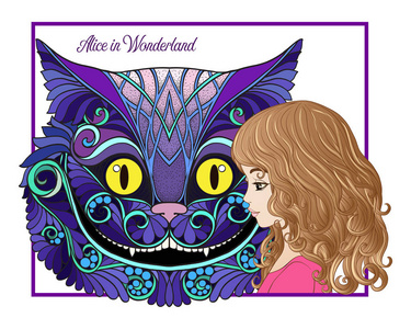 柴郡猫和女孩从童话故事爱丽丝的头照片