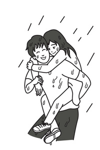 糟糕的浪漫男子背着他的女朋友在他的背部在雨天, 卡通插图的关系概念