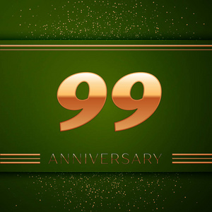 现实 90 九年周年庆典标识。金色的数字和绿色背景的金色纸屑。多彩的矢量模板元素，为你的生日聚会的
