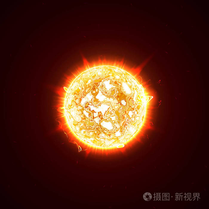 逼真的3d烈日闪烁强光太阳耀斑火花火焰热和火焰的光芒橙色热宇宙红色