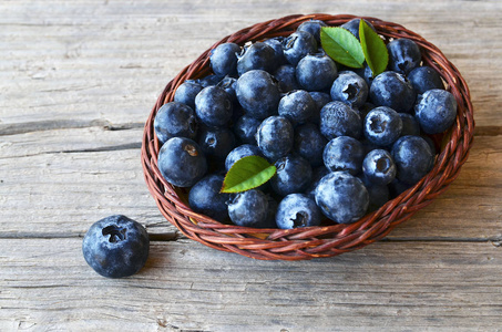 新鲜采摘蓝莓的老木背景只篮子里。Blueberry.Bilberry