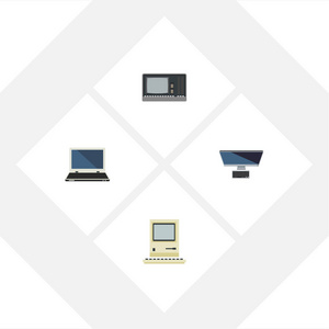 平面图标计算机集的 Pc 笔记本 老式硬件和其他矢量对象。此外包括笔记本电脑，复古，复古的元素