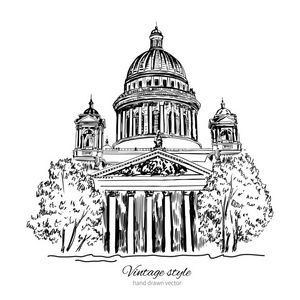 大教堂的圣彼得斯堡地标,俄罗斯,手画上白色, 复古的风格水墨素描建设