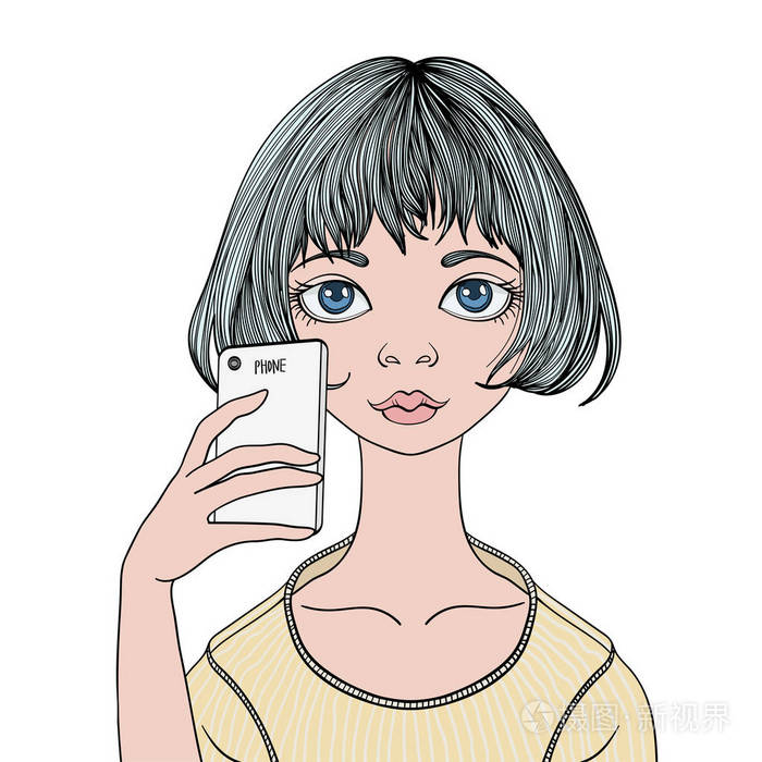 一个年轻的女孩使拥有智能手机的拍照.矢量肖像插画,白色上孤立