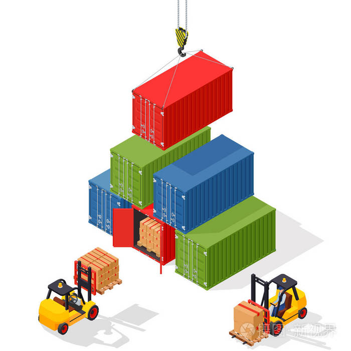 货物运输港口海运货物集装箱叉车装卸封闭的容器和一个室外等轴矢量图