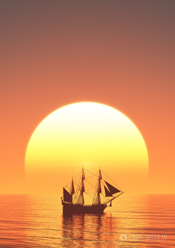 太阳升起和帆船