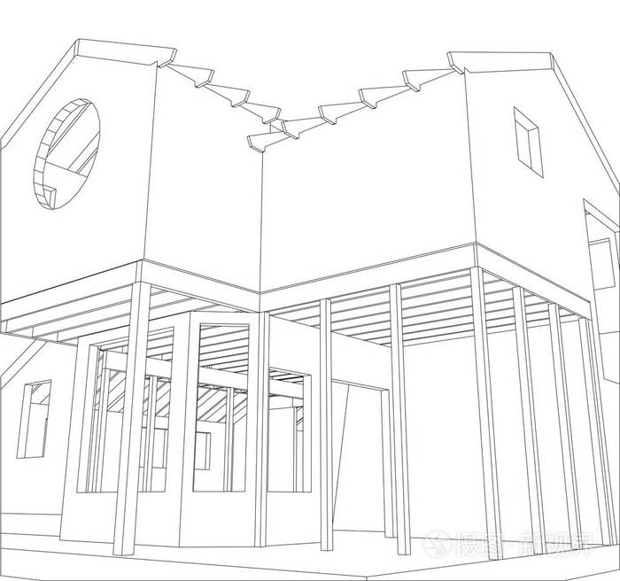 插画 房子结构建筑.抽象绘画.跟踪 3d 的图.eps
