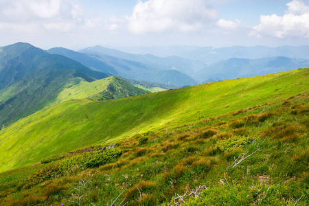 旅游，徒步旅行，自然。雄伟壮观 高绿山。水平框架