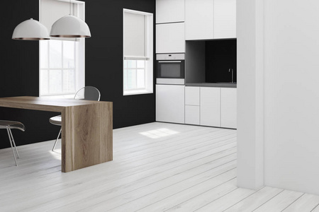 白色和黑色的厨房，透明椅子角