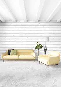 最小卧室室内设计木墙 黄色的沙发和 copyspace 到一个空的框架。3d 渲染。3d 图