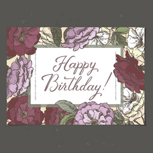 景观 A4 格式温馨浪漫的生日卡片模板以书法和玫瑰剪影