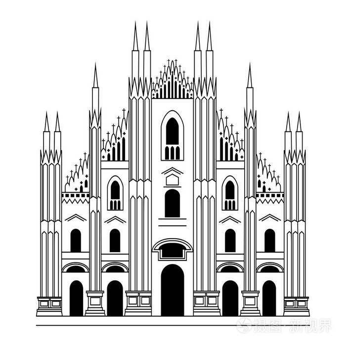 米兰大教堂.哥特式建筑.矢量手绘制的插图