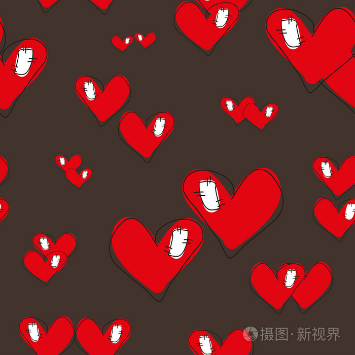 与心在暗棕色背景的无缝模式矢量图和爱