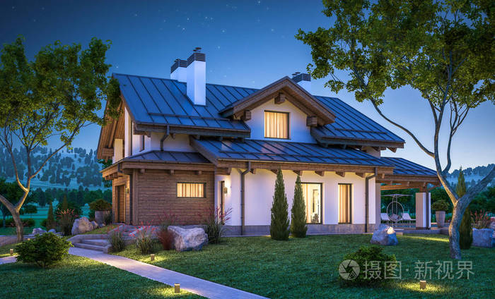 3d 渲染的木屋风格现代舒适的家照片-正版商用图片0e16e7-摄图新视界