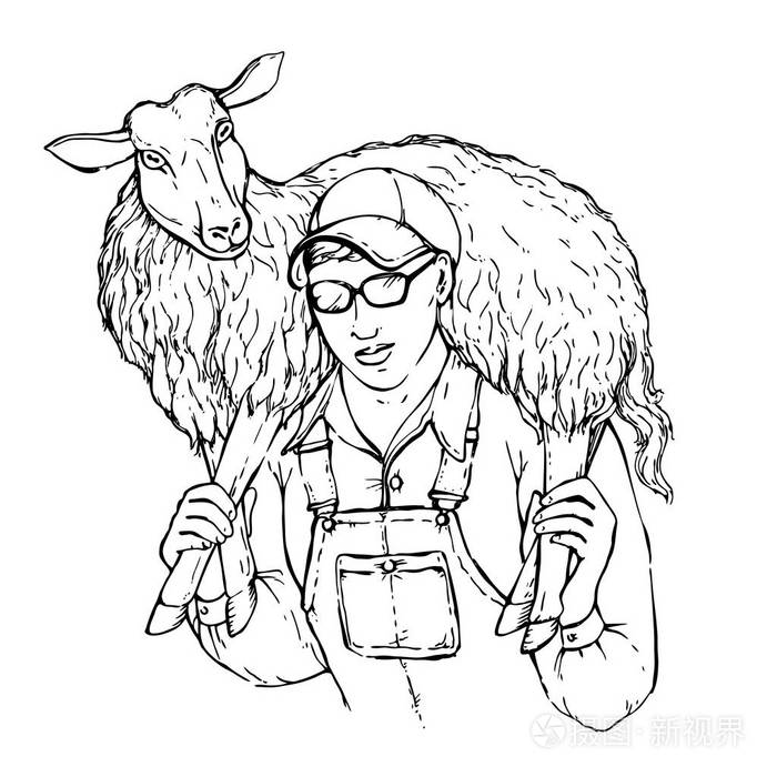 一个年轻健壮的农夫男孩与他守羊的插图