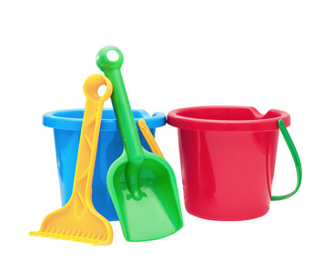 多彩桶多彩的孩子园林工具, 玩具水桶集照片