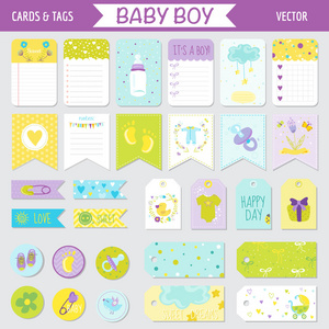 婴儿小男孩洗澡或到达设置标签，横幅，标签卡片