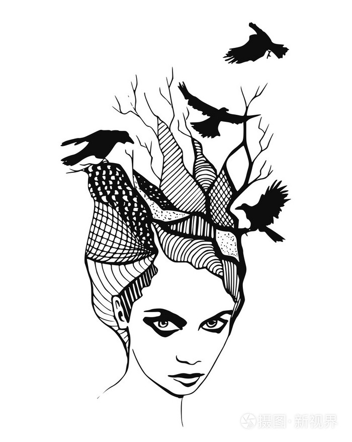 黑白插图描绘抽象肖像的女人