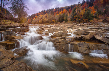 不安分的危险山区河流用石头。在秋天的树林河