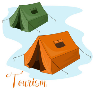 夏季旅游。绿色草地上的可爱帐篷