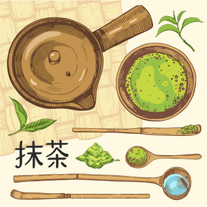 日本的民族和国家的茶道。抹茶。传统的下午茶时间。您设计的的装饰元素。矢量图和白色背景上的方符号