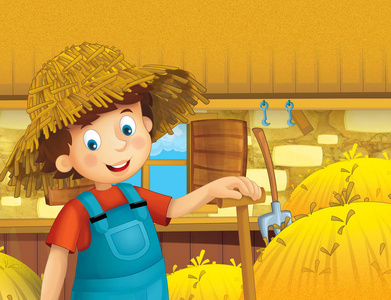 卡通场面与愉快的男孩工作在农场站立和微笑或例证为孩子