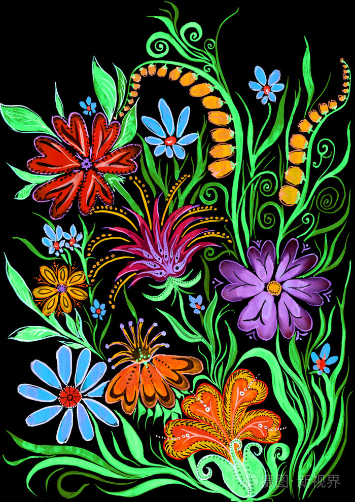 黑色-水彩画纸上花背景