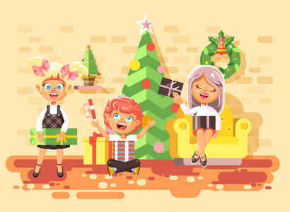 矢量图卡通人物儿童, 男孩和女孩在房间下圣诞树, 快乐的新年和圣诞节