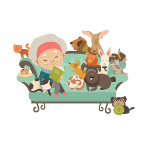 老女人与她的猫和狗