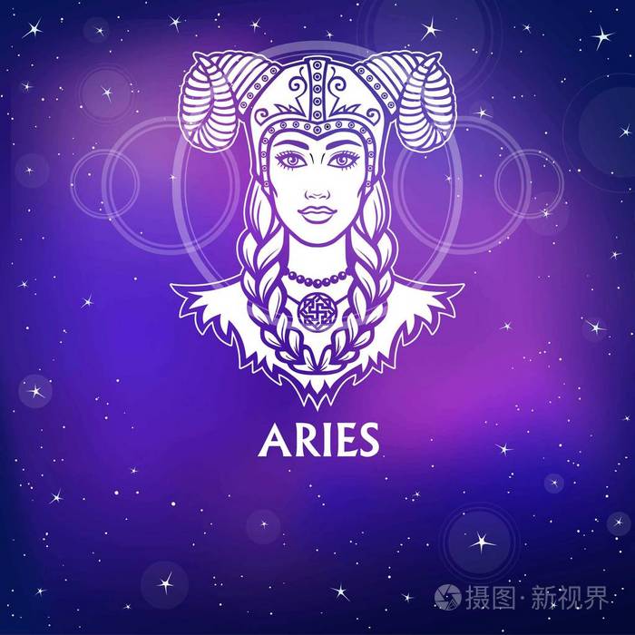 星座白羊座.梦幻般的公主,动画肖像.白画,背景-恒星的夜空.矢量图